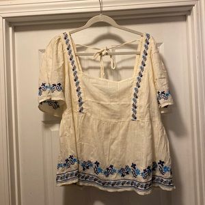 Embroidered Flutter-Sleeve Square-Neck Top